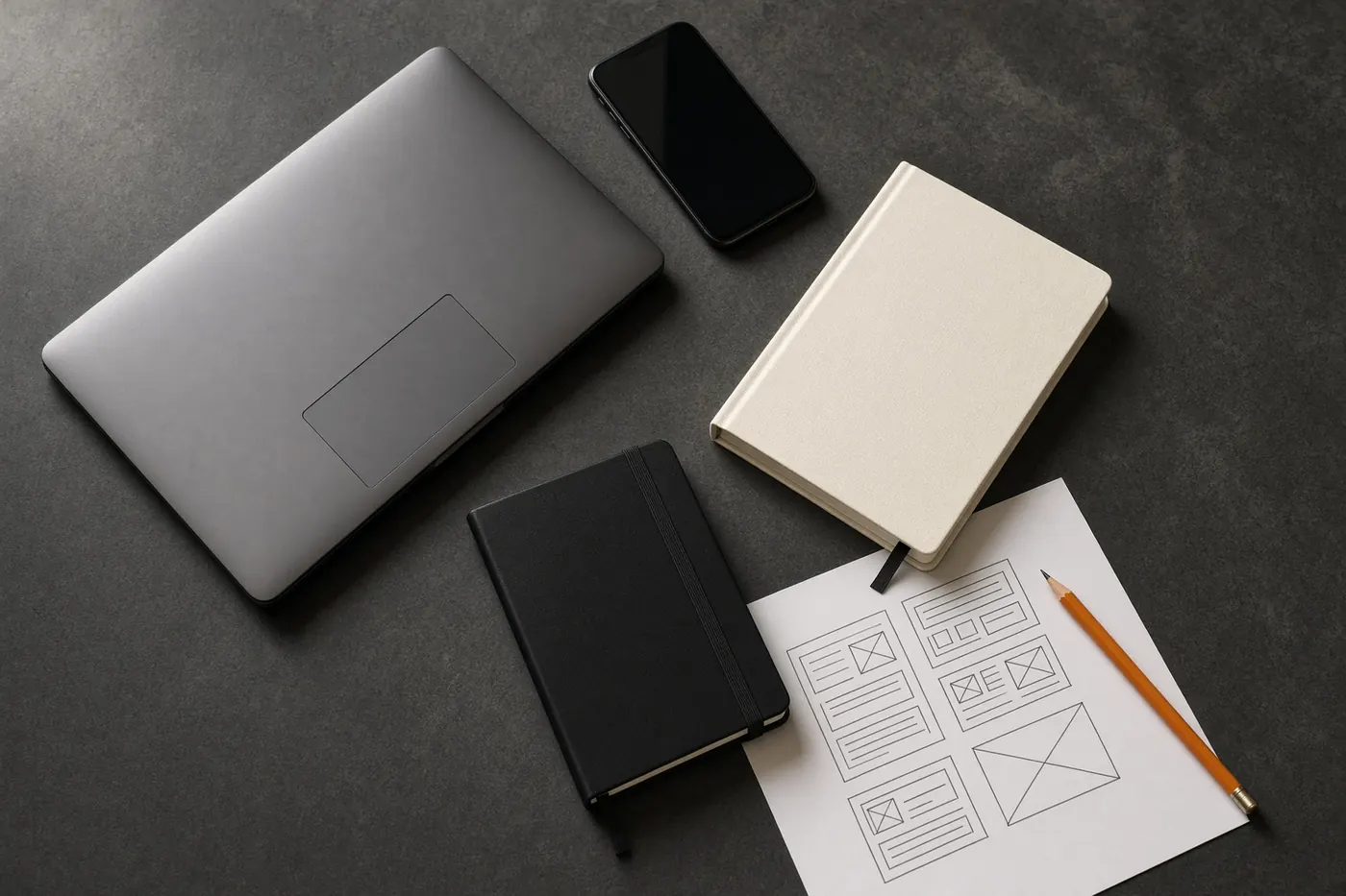 Illustrative photograph of a website plan on a desk. Not a client project.